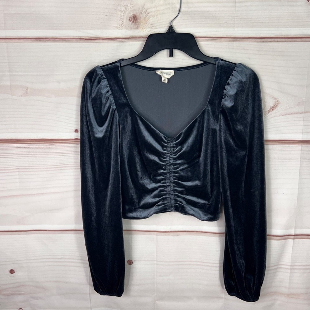 Meraki Top Womens XS Gray Velvet Blouse Long Sleeve Crop V-Neck Solid Stretch